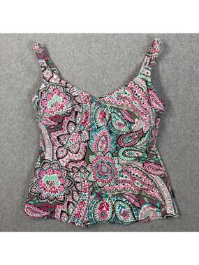 Rosa Faia Women's Tankini Swim Top Women's 10 Cup E Pink Teal Floral Adjustable